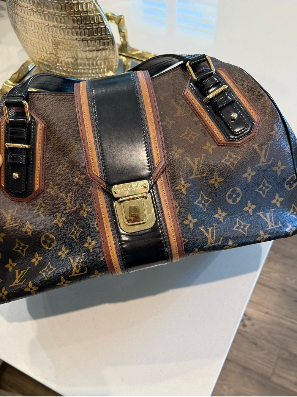 Louis Vuitton Monogram Canvas Duffel with Black Center Strap & Tan Trim
